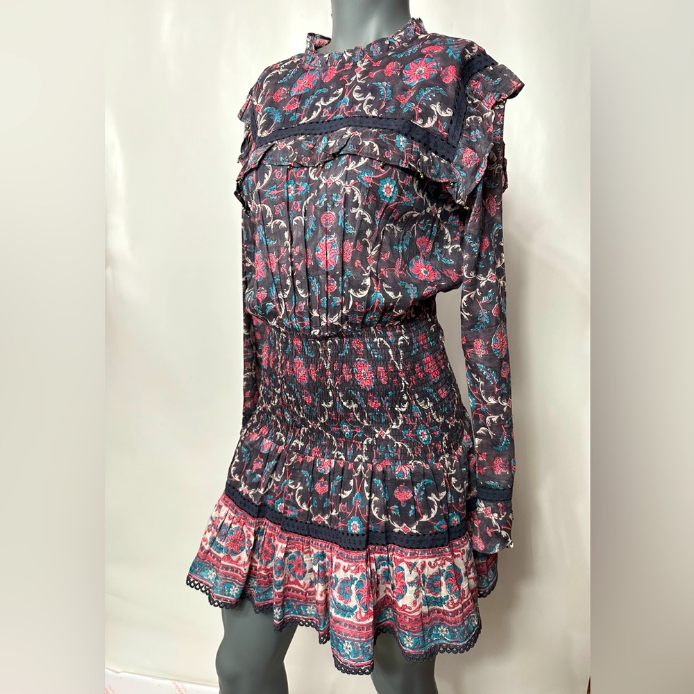 Bell by Alicia Bell Ruched Long Sleeve Printed Ruffle Hem Boho Mini Dress Sz XS